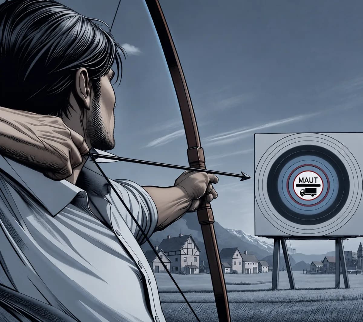 Illustration of an archer aiming at a target marked MAUT, the German word for toll.