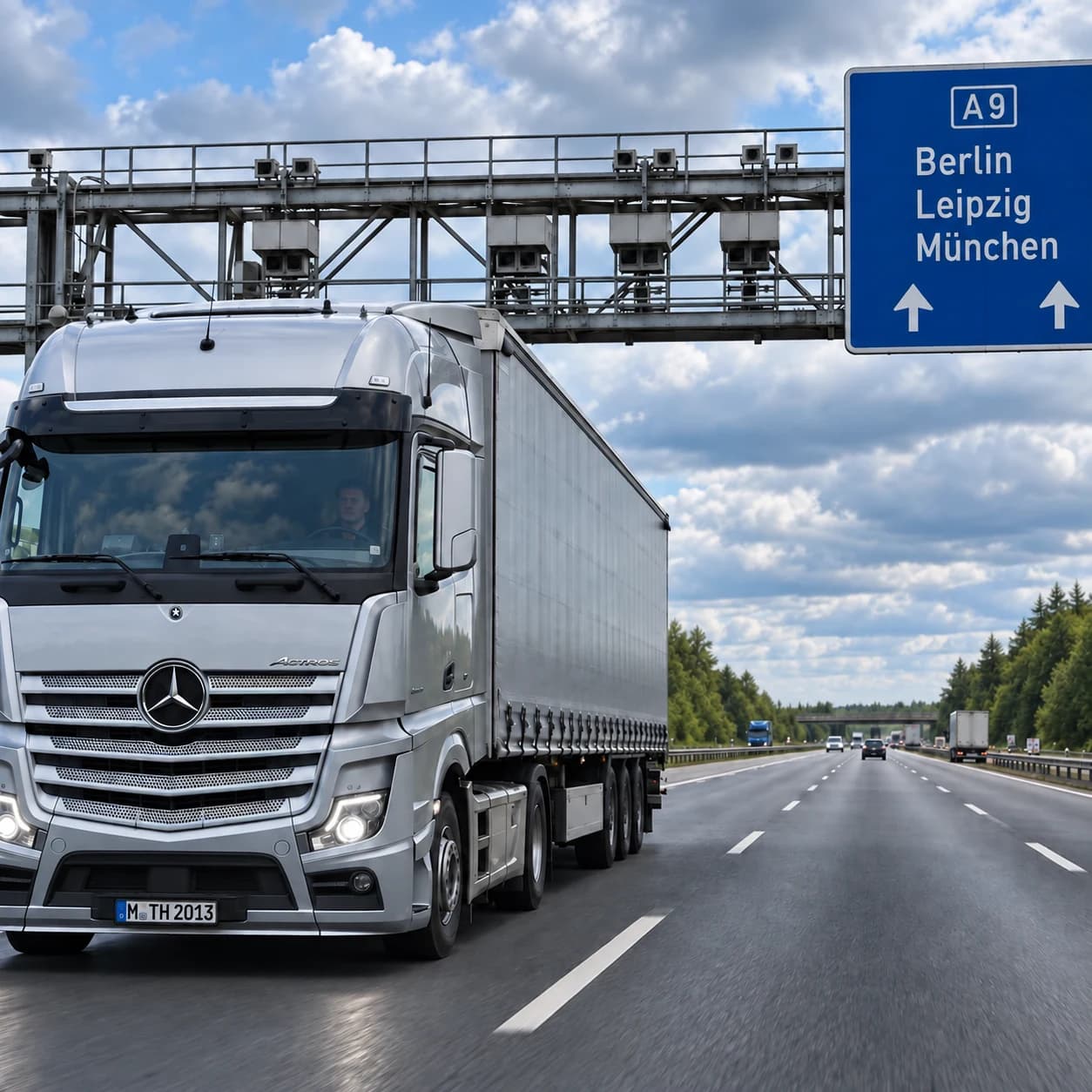 A truck passing a toll gantry on a German motorway.